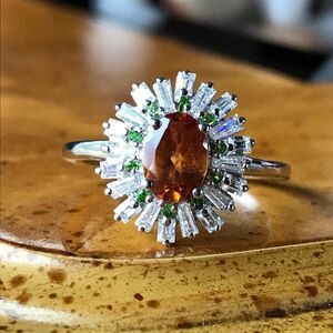 Natural Orange Garnet Moissanite Sterling Silver Ring Size 10
